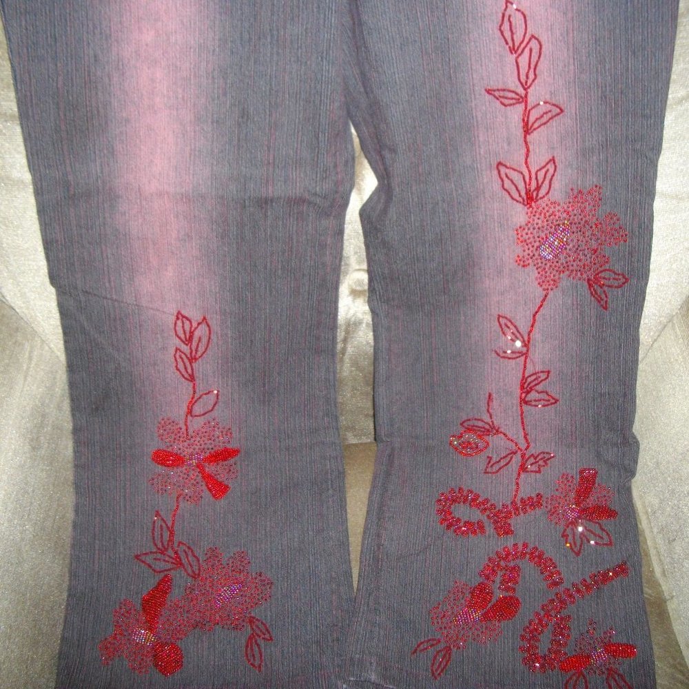 Simon Chang Red Jeans With Beaded Roses - Picture 3 of 5
